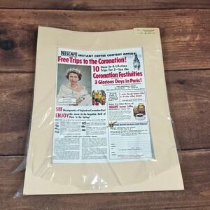 Nescafe Print Ad Queen Elizabeth II Coronation 1953 Cream Excellent Matted Art